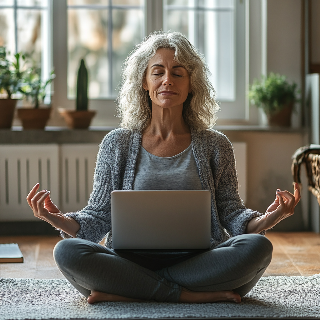 Жінка практикує йогу вдома перед ноутбуком, беручи участь в онлайн занятті